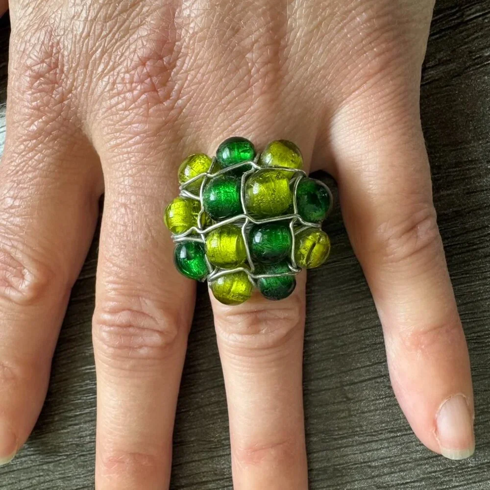 Handmade Wire-Wrapped Stainless Ring with Green & Yellow Glass Beads Size, 5.5